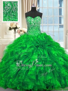 Stunning Green Organza Lace Up Sweetheart Sleeveless 15th Birthday Dress Brush Train Beading and Ruffles