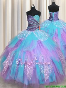 Beauteous Multi-color Ball Gowns Tulle Sweetheart Sleeveless Beading and Ruching Floor Length Lace Up Sweet 16 Quinceanera Dress