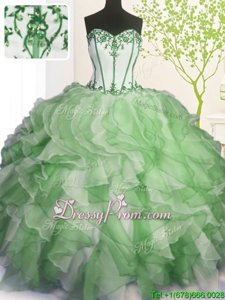 Stunning Green Lace Up Sweetheart Beading and Ruffles Sweet 16 Dresses Organza Sleeveless
