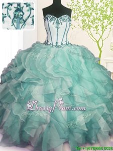 High End Green Lace Up Sweetheart Beading and Ruffles Quinceanera Gown Organza Sleeveless