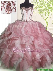 Most Popular Floor Length Ball Gowns Sleeveless Pink And White Quinceanera Dress Lace Up