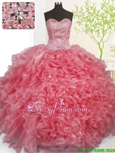 Spring and Summer and Fall and Winter Organza Sleeveless Floor Length 15 Quinceanera Dress andBeading and Ruffles and Pick Ups