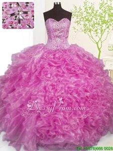 Great Sleeveless Organza Floor Length Lace Up Quinceanera Gown inLilac forSpring and Summer and Fall and Winter withBeading and Ruffles and Pick Ups
