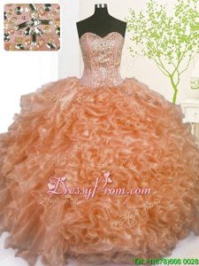Attractive Peach Sleeveless Organza Lace Up Sweet 16 Quinceanera Dress forMilitary Ball and Sweet 16 and Quinceanera