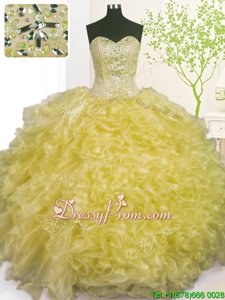 Ball Gowns Quinceanera Gowns Light Yellow Sweetheart Organza Sleeveless Floor Length Lace Up