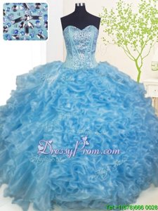 Baby Blue Organza Lace Up Sweetheart Sleeveless Floor Length 15 Quinceanera Dress Beading and Ruffles and Pick Ups