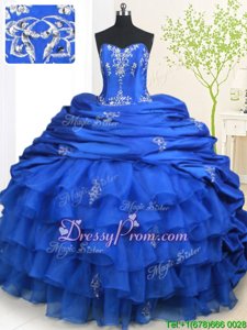 Glamorous With Train Lace Up Quinceanera Gown Royal Blue and In forMilitary Ball and Sweet 16 and Quinceanera withBeading and Appliques and Ruffled Layers and Pick Ups Brush Train