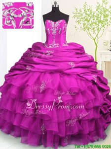 Excellent Strapless Sleeveless Quinceanera Dresses With Brush Train Beading and Appliques and Ruffled Layers and Pick Ups Fuchsia Organza and Taffeta