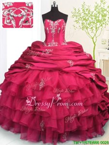 Customized Red Ball Gowns Organza and Taffeta Strapless Sleeveless Beading and Appliques and Ruffled Layers and Pick Ups With Train Lace Up Quinceanera Gowns Brush Train