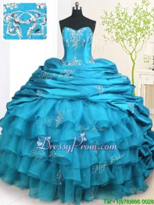 Spectacular Teal Sweet 16 Dress Military Ball and Sweet 16 and Quinceanera and For withBeading and Appliques and Ruffled Layers and Pick Ups Strapless Sleeveless Brush Train Lace Up