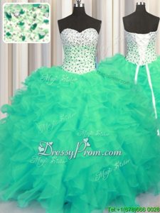 Fashionable Turquoise Ball Gowns Organza Sweetheart Sleeveless Beading and Ruffles Floor Length Lace Up Quinceanera Dress