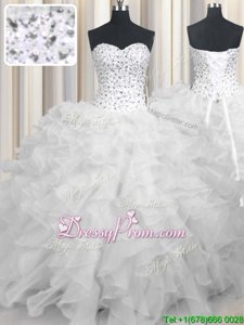 Nice White Sweetheart Neckline Beading and Ruffles Sweet 16 Quinceanera Dress Sleeveless Lace Up