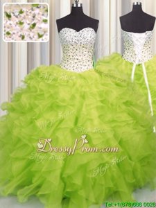 Glittering Yellow Green Lace Up Sweetheart Beading and Ruffles Quince Ball Gowns Organza Sleeveless