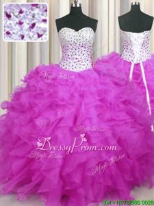 Luxury Floor Length Fuchsia Quinceanera Gowns Sweetheart Sleeveless Lace Up