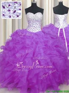 Lilac Sleeveless Floor Length Beading and Ruffles Lace Up Ball Gown Prom Dress