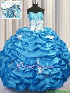 Deluxe Sleeveless Taffeta With Brush Train Lace Up Vestidos de Quinceanera inAqua Blue forSpring and Summer and Fall and Winter withAppliques and Sequins and Pick Ups