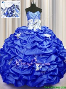 Cheap Sweetheart Sleeveless Sweet 16 Dress With Brush Train Appliques and Sequins and Pick Ups Royal Blue Taffeta