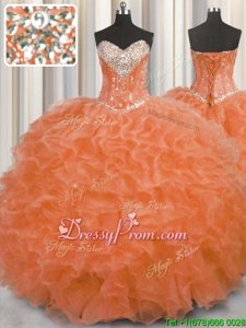 Glorious Orange Sleeveless Floor Length Beading and Ruffles Lace Up 15th Birthday Dress