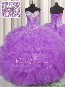 Most Popular Floor Length Lace Up 15 Quinceanera Dress Purple and In forMilitary Ball and Sweet 16 and Quinceanera withBeading and Ruffles