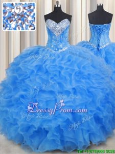 Flirting Sweetheart Sleeveless Quinceanera Dress Floor Length Beading and Ruffles Baby Blue Organza