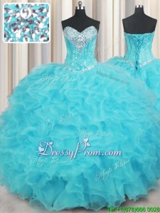 Elegant Aqua Blue Ball Gowns Beading and Ruffles 15 Quinceanera Dress Lace Up Organza Sleeveless Floor Length