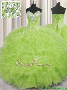 Enchanting Yellow Green Ball Gowns Sweetheart Sleeveless Organza Floor Length Lace Up Beading and Ruffles Quinceanera Gowns