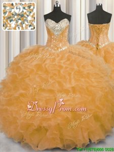 Ideal Orange Ball Gowns Sweetheart Sleeveless Organza Floor Length Lace Up Beading and Ruffles Quinceanera Gown