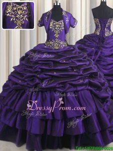 Wonderful Purple Taffeta Lace Up 15 Quinceanera Dress Sleeveless With Brush Train Beading and Appliques and Pick Ups