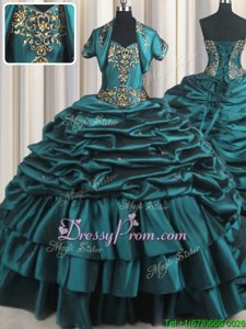 Custom Fit Teal Sleeveless With Train Beading and Appliques and Pick Ups Lace Up Quinceanera Gowns