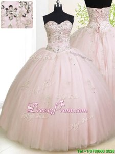 Eye-catching Rose Pink Lace Up Sweetheart Beading and Appliques Vestidos de Quinceanera Tulle Sleeveless