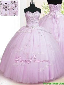 Best Floor Length Lilac Quinceanera Gown Tulle Sleeveless Spring and Summer and Fall and Winter Beading and Appliques