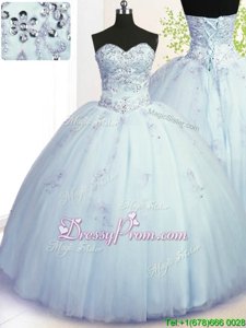 Noble Light Blue Lace Up Quinceanera Gown Beading and Appliques Sleeveless Floor Length