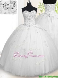 Hot Sale White Lace Up Vestidos de Quinceanera Beading and Appliques Sleeveless Floor Length