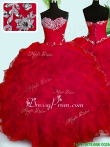 Superior Floor Length Lace Up Quinceanera Dress Red and In forMilitary Ball and Sweet 16 and Quinceanera withBeading and Ruffles