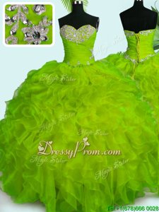 High Class Sleeveless Organza Floor Length Lace Up Sweet 16 Dress inYellow Green forSpring and Summer and Fall and Winter withBeading and Ruffles