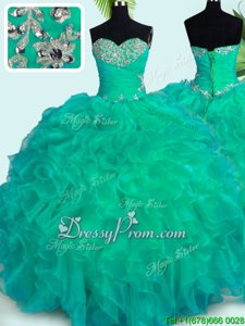 Romantic Turquoise Sleeveless Beading and Ruffles Floor Length 15 Quinceanera Dress