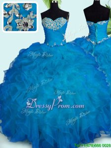 Sexy Blue Sweetheart Lace Up Beading and Ruffles Ball Gown Prom Dress Sleeveless