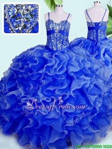 Fantastic Blue Organza Lace Up 15th Birthday Dress Sleeveless Floor Length Beading and Ruffles