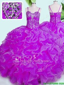New Style Sleeveless Floor Length Beading and Ruffles Lace Up Quinceanera Dresses with Fuchsia