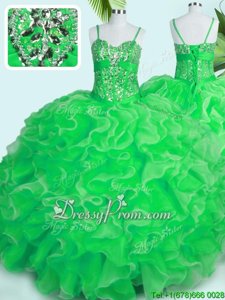 Gorgeous Green Ball Gowns Organza Spaghetti Straps Sleeveless Beading and Ruffles Floor Length Lace Up 15 Quinceanera Dress