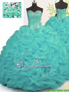 Romantic Spring and Summer and Fall and Winter Organza Sleeveless With Train Quinceanera Gowns Brush Train andBeading and Ruffles