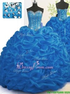 Custom Fit Royal Blue Sleeveless Brush Train Beading and Ruffles With Train Ball Gown Prom Dress
