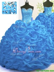Classical Brush Train Ball Gowns 15th Birthday Dress Blue Sweetheart Organza Sleeveless With Train Lace Up