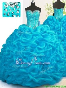 Super Aqua Blue Organza Lace Up Sweet 16 Quinceanera Dress Sleeveless With Brush Train Beading and Ruffles