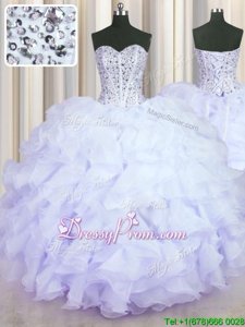 Custom Made Sleeveless Floor Length Beading and Ruffles Lace Up Quinceanera Dress with Lavender
