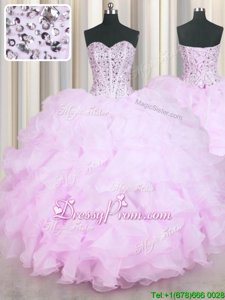 Gorgeous Lilac Organza Lace Up Sweetheart Sleeveless Floor Length Vestidos de Quinceanera Beading and Ruffles