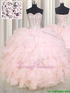 Best Baby Pink Organza Lace Up Sweetheart Sleeveless Floor Length Quinceanera Gown Beading and Ruffles