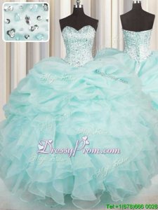 Custom Made Aqua Blue Sleeveless Organza Lace Up Quinceanera Gown forMilitary Ball and Sweet 16 and Quinceanera