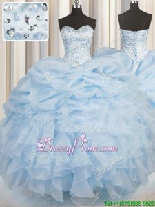 Pretty Sleeveless Floor Length Beading and Ruffles Lace Up Sweet 16 Dress with Light Blue