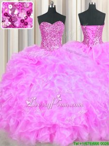Lilac Sleeveless Floor Length Beading and Ruffles Lace Up Vestidos de Quinceanera